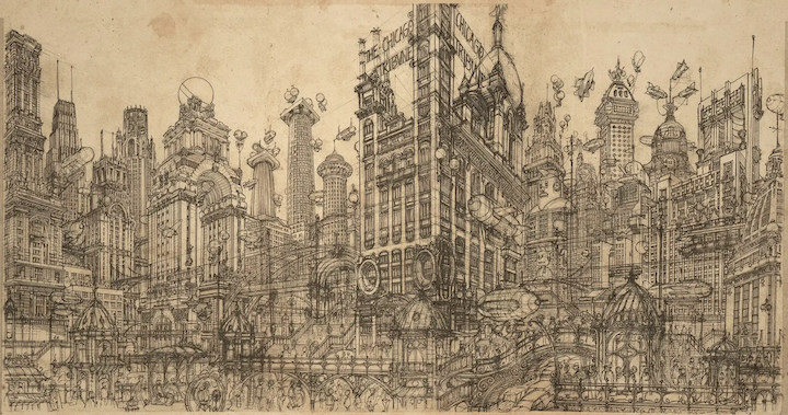 “Welcome to Tribuneville: An Imaginary Vision of an Old Chicago That Could Have Been” by Architectural Cartoonist Klaus