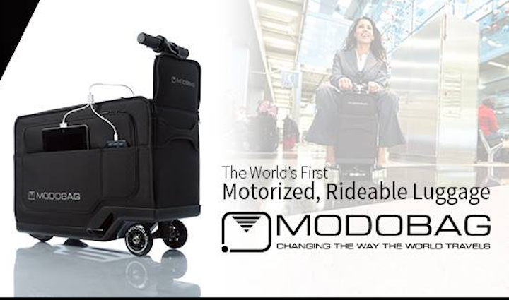 Riding Modobag, the motorized suitcase